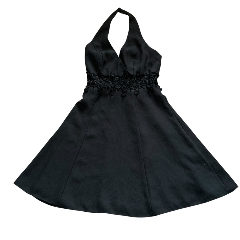 Vintage Dave & Johnny black beaded lace haltertop dress a-line open back sz 6